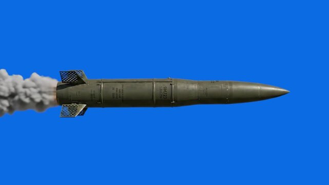 An olive drab tactical ballistic missile flies horizontally across a bright blue screen background. This side-view weapon asset is designed for easy compositing into military warfare, air defense, or 