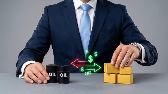 Businessman exchanging oil barrels for gold bars representing commodity market trade