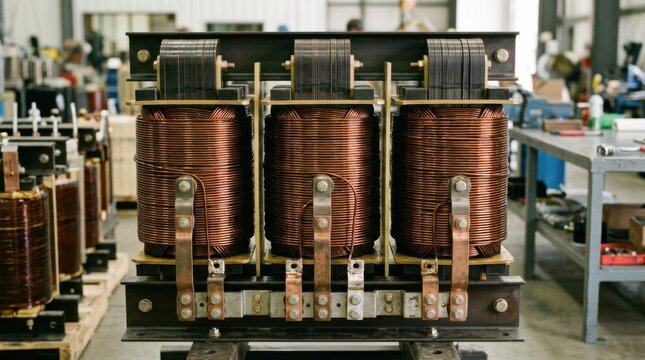 Medium shot of threephase transformer coil windings arranged symmetrically on large coil formers emphasizing the complex assembly and robust metallic connectors.