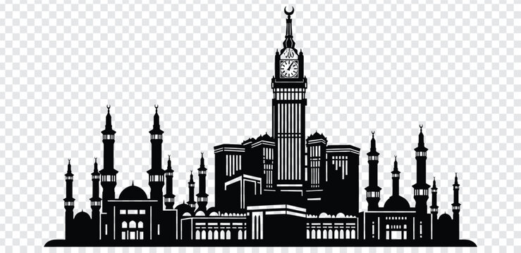Silhouette of the abraj al bait towers and masjid alharam in mecca, saudi arabia