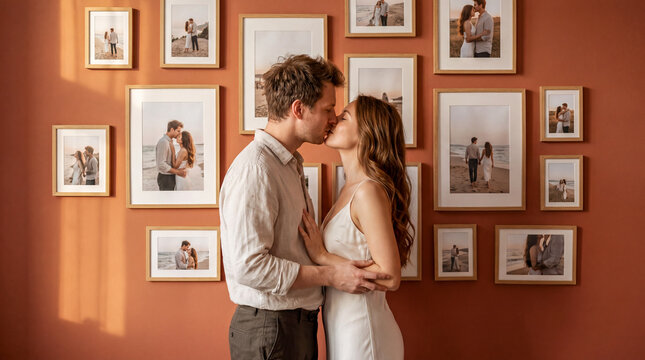 Married couple in love on the background of a wall with photos. Sensual kiss, anniversary of marriage, anniversary of marriage between a man and a woman