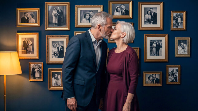 An elderly couple in love on the background of a wall with photos. Sensual kiss, anniversary of marriage, anniversary of marriage between a man and a woman