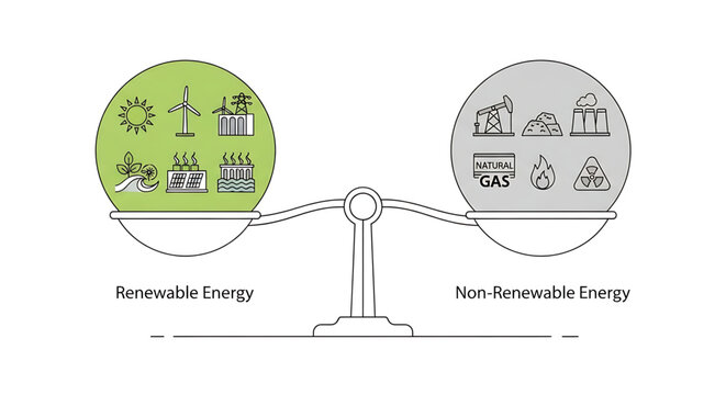 Comparison between renewable and nonrenewable energy sources on a balance scale