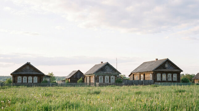 Russian style wooden houses on the background of a forest, Russian village, abandoned village, wooden architecture