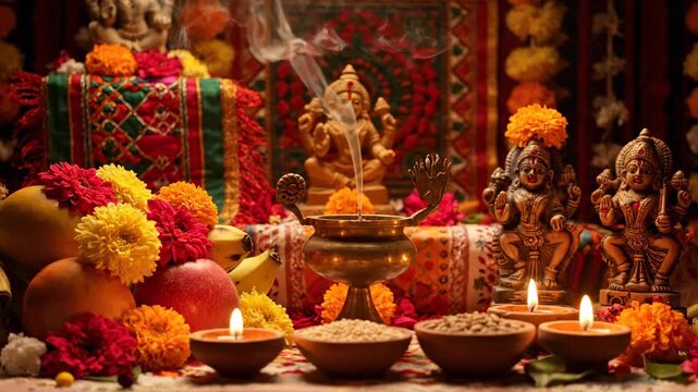 A vibrant altar with deity statues, flowers, incense, fruit, and lit candles