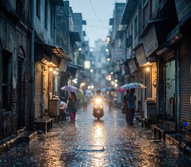 Fototapeta premium Small Gali Rain Reflections — Indian Monsoon Alley Street Scene
