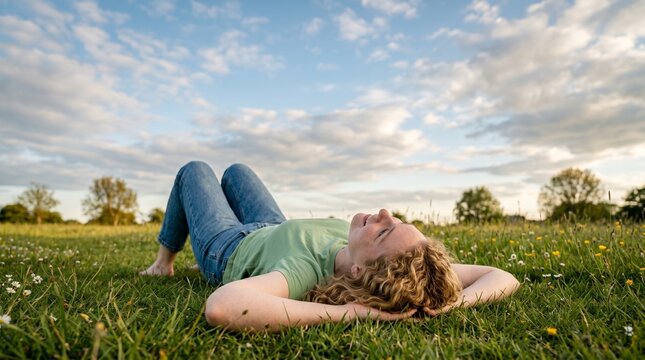 Person lying on grass looking at sky peaceful outdoor moment relaxation nature freedom calm lifestyle fresh air environment scene today.