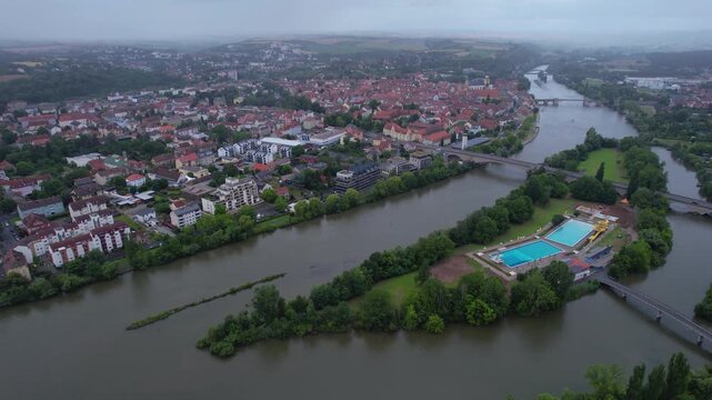 Aerial panorama view of the old town of the city Kitzingen during an cloudy summer day in Bavaria, germany	