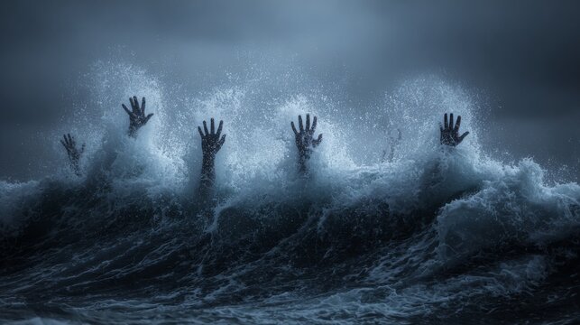 Ocean waves shaped like human hands reaching out 