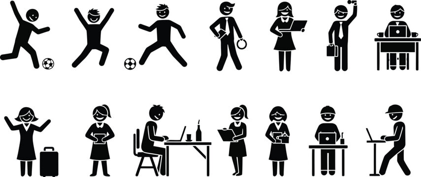 Black and white icons of people in various professions Vector