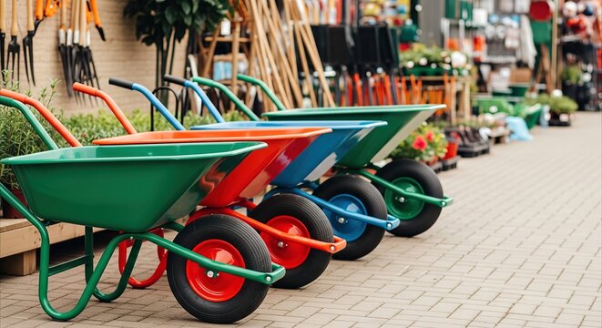 Colorful garden wheelbarrows neatly displayed in an outdoor hardware store, ready for gardening projects