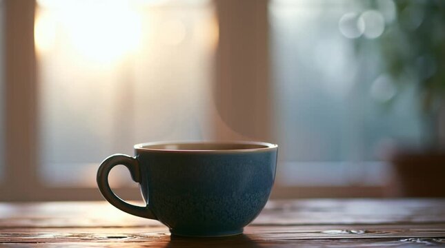 A speckled blue ceramic mug filled with hot coffee stands on a wooden desk, releasing heavy swirls of warm vapor against a blurry bright window.