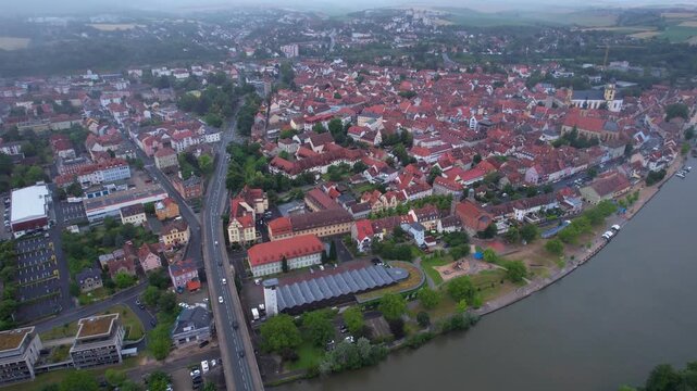 Aerial panorama view of the old town of the city Kitzingen during an cloudy summer day in Bavaria, germany	