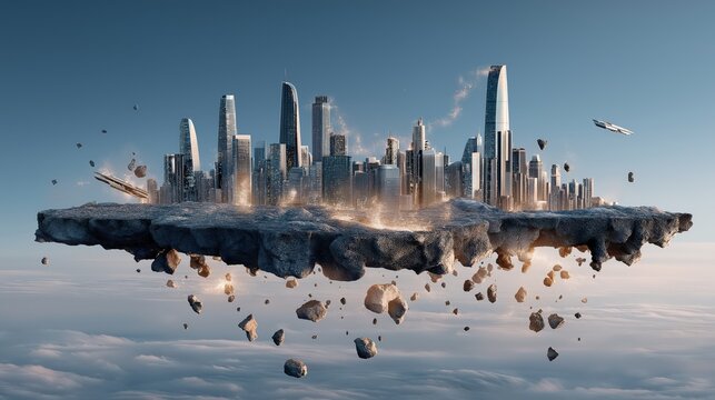 Futuristic floating metropolis above collapsing ancient ruins, symbolizing disconnected modernity and rootless technological progress.