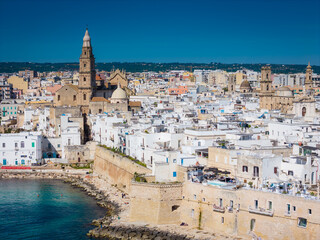 Obraz premium Aerial drone panorama view of Monopoli Old Town with white houses, scenic Adriatic sea coastal cityscape in Puglia, southern Italy