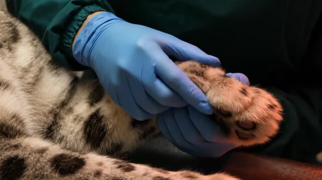 Veterinarian in Blue Gloves Examining a Snow Leopard's Paw During a Medical Checkup