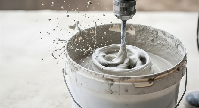 Industrial drill mixing plaster in bucket with dynamic splatter, construction site process in overcast light