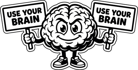 Fototapeta premium Cartoon brain character holding signs with text black and white illustration
