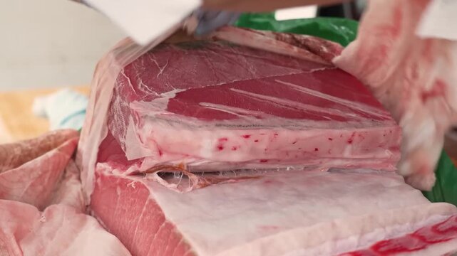 close-up shot of a professional butcher&rsquo;s hands unwrapping a high-quality, large primal cut of fresh raw red meat, likely beef or lamb. The meat features natural marbling and is presented on a clean w