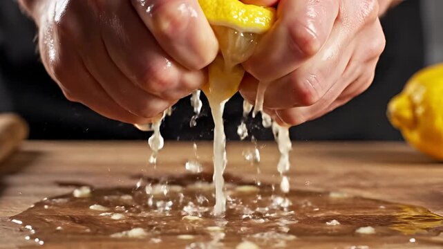 Closeup of hands squeezing fresh lemon juice onto a wooden cutting board.
