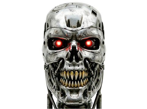 Futuristic robotic skull with sharp fangs and glowing red eyes, evil cyborg endoskeleton isolated on transparent background
