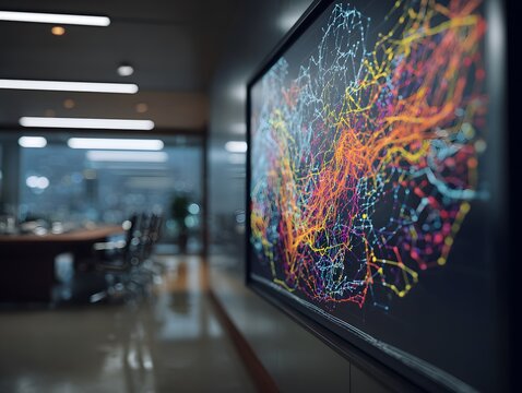 Modern corporate office interior featuring a large digital display with colorful complex data visualization and network mapping