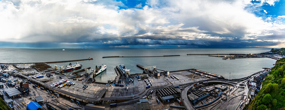 Port of Dover from a drone, White Cliffs, Dover, Kent, England