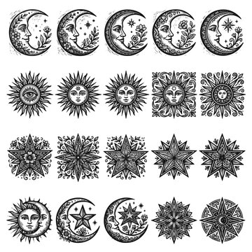 Esoteric Celestial Symbols Collection Mystical Suns Moons and Stars Vector Art