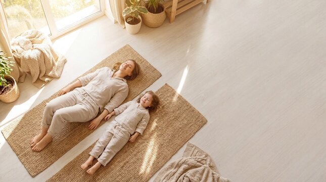 caucasian mother and daughter lying on yoga mats in sunlit room. family relaxing and meditating together at home. wellness, slow living concept. banner, website header, blog post with copyspace.