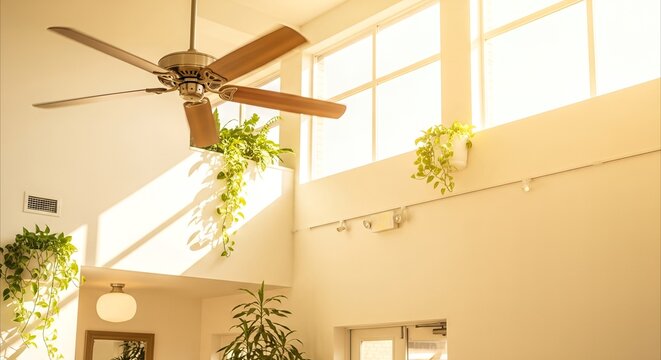 Spinning ceiling fan in bright, airy hall with lush plants and high windows, creating a cool, comfortable atmosphere.