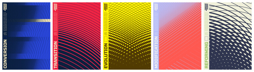 Fototapeta premium Abstract geometric vector poster set with halftone grid and optical illusion patterns, Shape distortion and linear gradients with transition effect, dynamic graphic for banner and wall art, kit 1