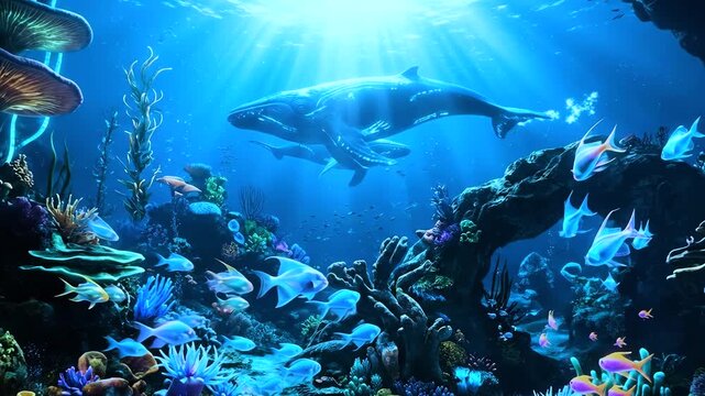 A cinematic 3D underwater animation showing massive humpback whales swimming near a vibrant coral reef. Bright sunbeams pierce through the deep blue ocean surface, illuminating tropical fish and aquat