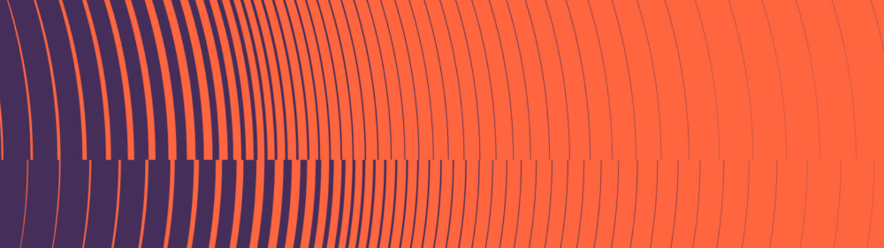 Abstract orange and purple background features geometric curved lines with glitch shift effect, kinetic optical illusion pattern creates dynamic transition vibration of rounded striped texture