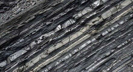 Fototapeta premium Geological rock strata displaying rich black and gray layers, revealing underground earth formation and natural patterns