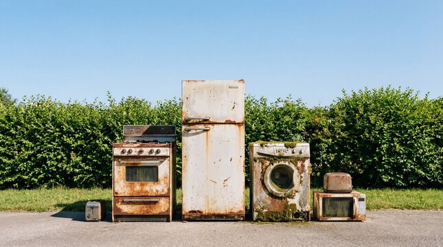 old rusty and mossy household appliances lined up outdoors against green hedge and blue sky with copyspace. e-waste, recycling, environmental pollution concept. ecology blog, banner, website header.