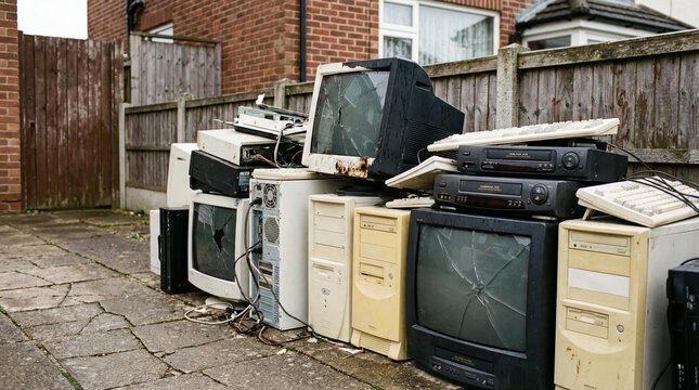 pile of old broken electronic waste stacked outside near wooden fence. obsolete computer monitors, towers and keyboards. e-waste recycling, pollution concept. banner, website header.