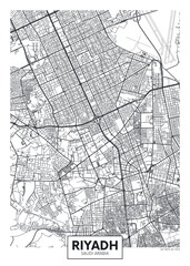 Obraz premium Black and white city map of Riyadh is the capital and largest city of Saudi Arabia, Detailed monochrome urban street plan, Cartography travel poster, vector wall art