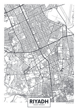 Black and white city map of Riyadh is the capital and largest city of Saudi Arabia, Detailed monochrome urban street plan, Cartography travel poster, vector wall art
