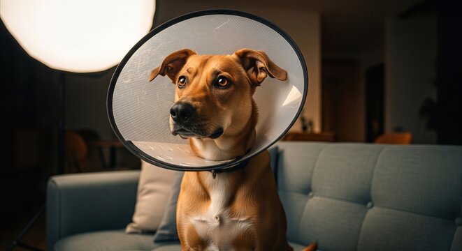 Dog wearing a protective cone collar sits on a couch, looking confused and obedient, with dramatic lighting and copy space for pet care content.