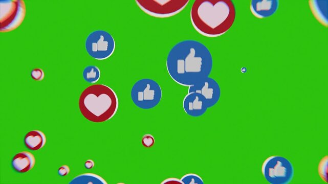 heart and like icons floating on green screen background