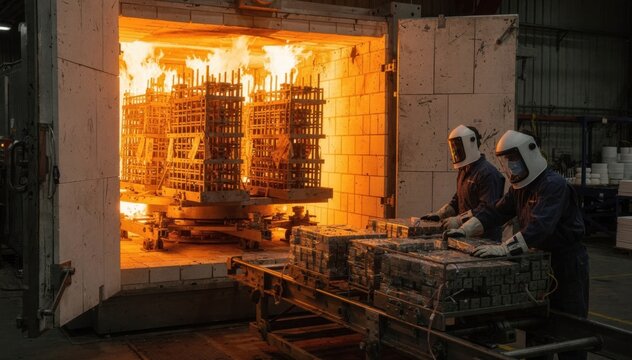 Medium shot of a hightemperature kiln door opening to reveal glowing ceramic capacitor stacks arranged on sturdy trays inside the furnace. Medium shot inside a firing kiln showing
