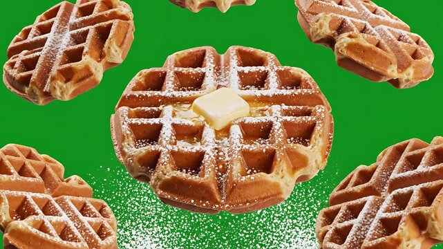 Delicious Waffle with Butter and Powdered Sugar Falling on Green Background.