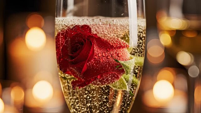 Elegant Red Rose Floating in Bubbly Champagne Glass with Romantic Bokeh Lights.