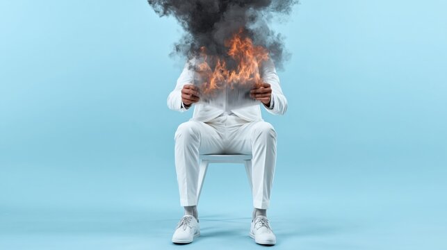 Person seated with flaming smoke obscuring head in studio