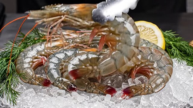 Fresh Raw Prawns on Ice with Lemon and Dill.