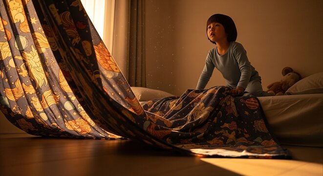 Child Playing Under a Starry Bedspread in Golden Hour Light, Cozy Bedroom