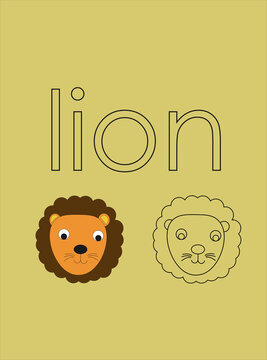 Lion Coloring Page with Word Tracing and Recognition for Kids