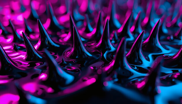 Neon illuminated magnetic ferrofluid spikes macro. Futuristic technology.