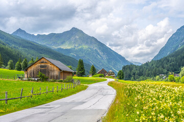 Fototapeta premium A winding road passes through green fields and between wooden houses. Mountains surround the area under a cloudy sky, showing a typical Alpine landscape in summer.