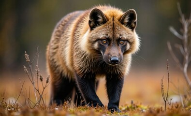 Naklejka premium Raccoon dog (Nyctereutes procyonoides), splendid tanuki walking through autumn undergrowth looking forward at the camera